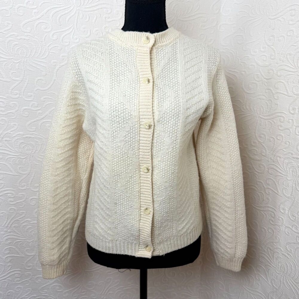 VTG 50s 60s Pendleton Wool Cardigan Sweater Cream Knit Size Small USA
